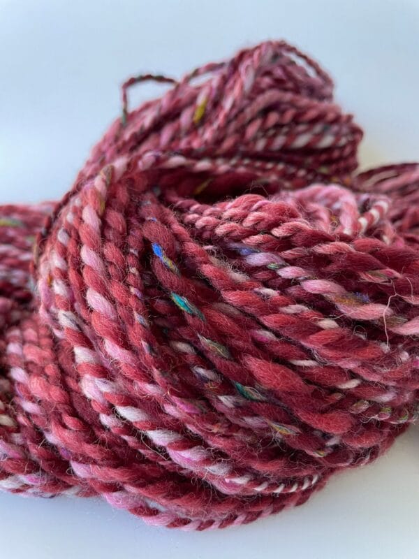 Hand spun yarn chunky weight. Merino, Alpaca and sari silk.