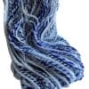 Hand spun yarn, fauxcashmere, bio nylon and sari silk in Delft blue colors.
