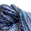 Hand spun yarn, fauxcashmere, bio nylon and sari silk in Delft blue colors.