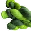 Soft, hand dyed, lace weight yarn. Superwash, non-mulesed Merino and bamboo. Pooling avacado green with fluorescent chartreuse stripes.