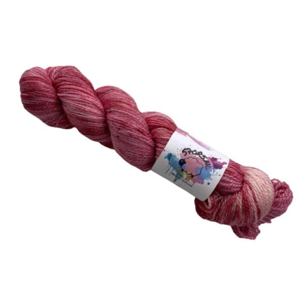 Hand dyed super wash Merino and bamboo sock yarn ‘strawberries’.