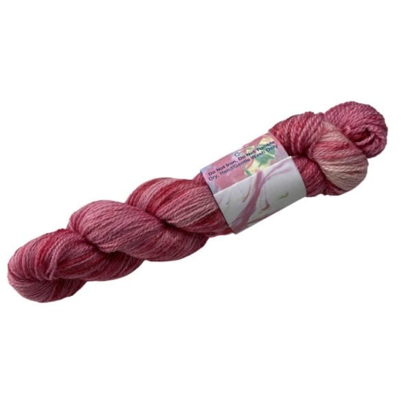 Hand dyed super wash Merino and bamboo sock yarn ‘strawberries’.