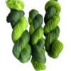 Soft, hand dyed, lace weight yarn. Superwash, non-mulesed Merino and bamboo. Pooling avacado green with fluorescent chartreuse stripes.