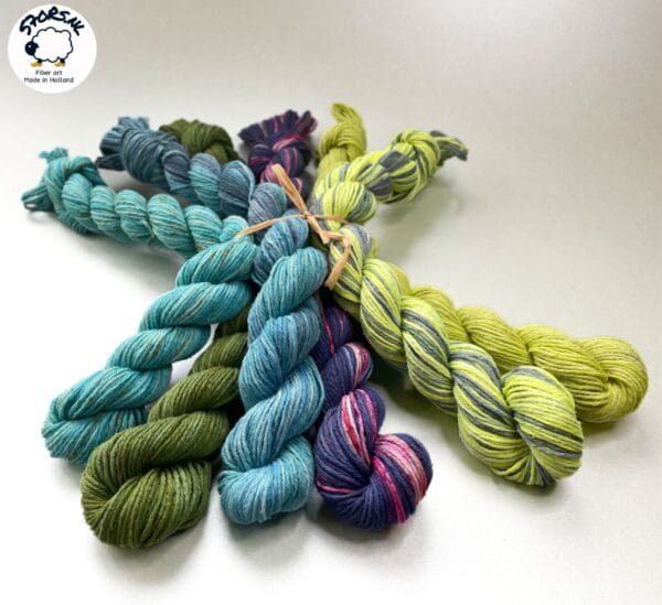Hand dyed Mulberry silk crochet yarn. Mini skein set. This 'tweed effect' 100% silk yarn is unlike any other. Contains six mini skeins.