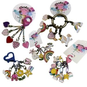 Five metal stitch markers with colorful enamel decorations.